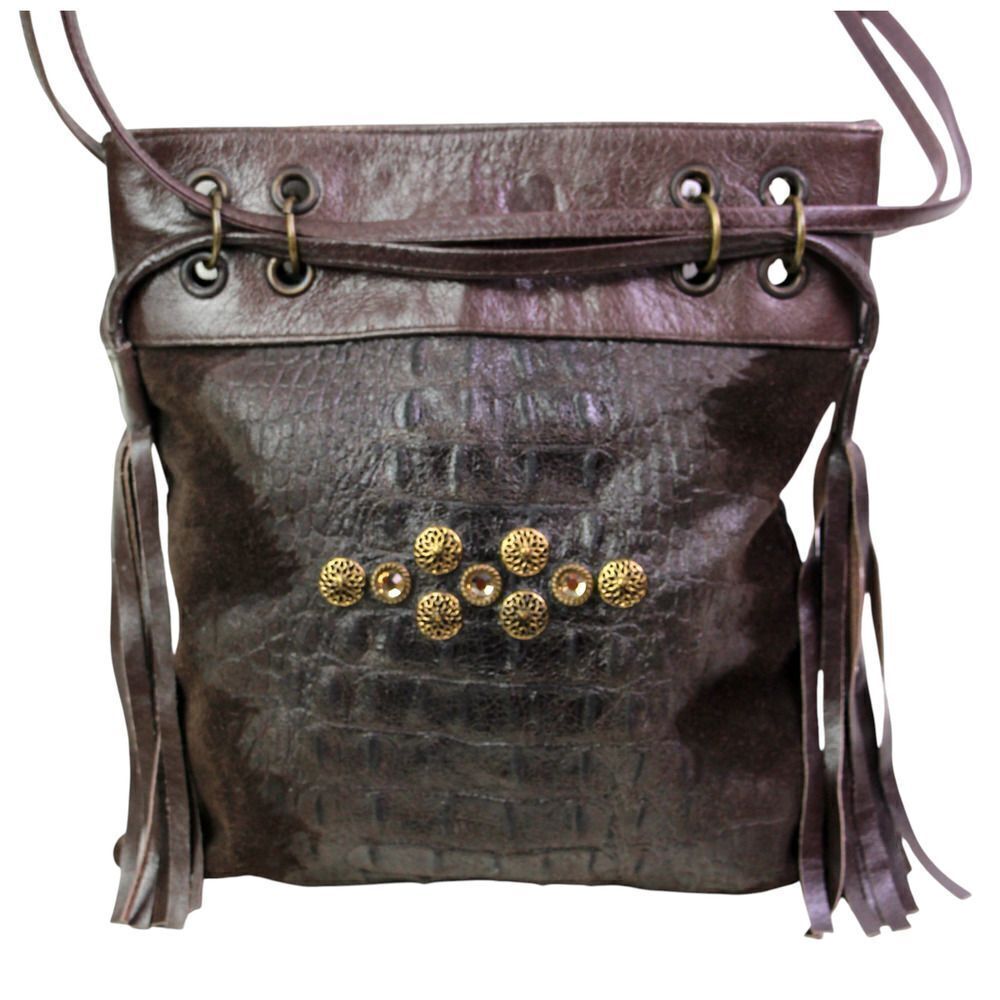Mikki G BROWN GENUINE LEATHER TASSELS STUDS X-BODY SHOULDER BAG HANDBAG PURSE